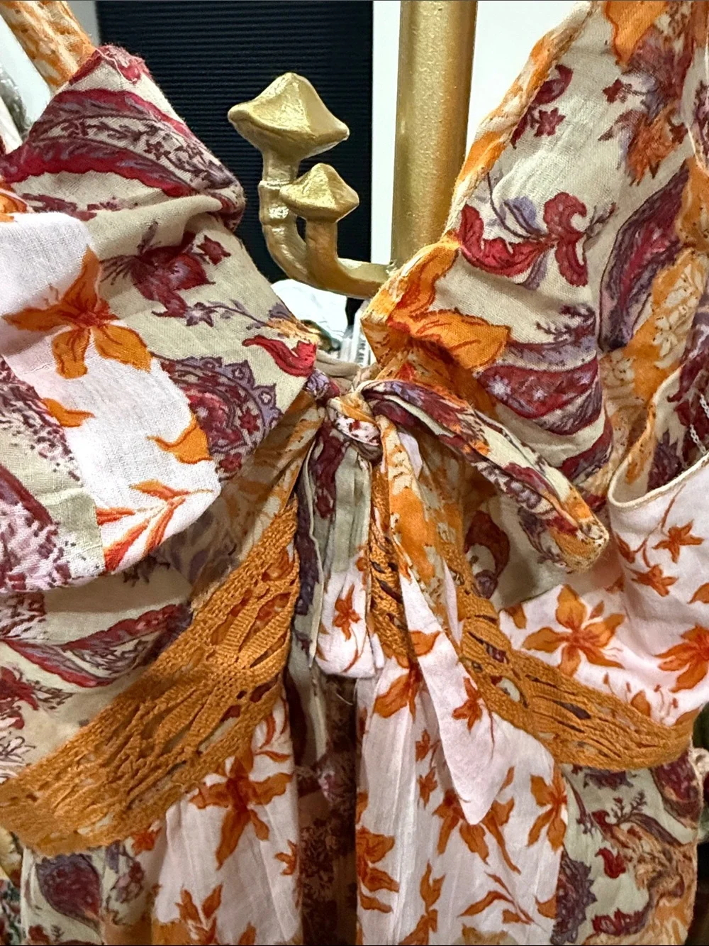 Free People Bali Oletta Romper Lace Ruffle Paisley Tie Back Large Orange purple
